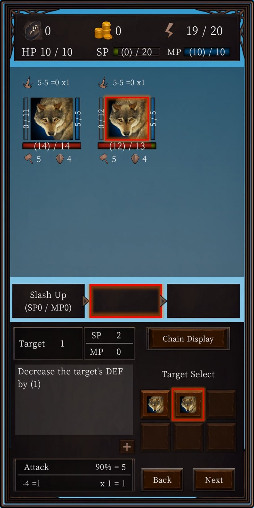 A picture of a text-heavy RPG featuring a set of wolf icons and a number of text lines and buttons below them on a bland background