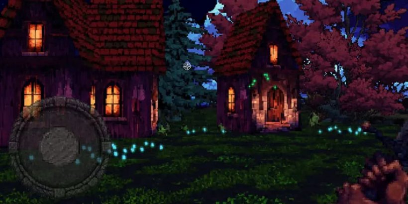 An image of a pixellated first-person view showing an armed knight wandering through a quiet village.