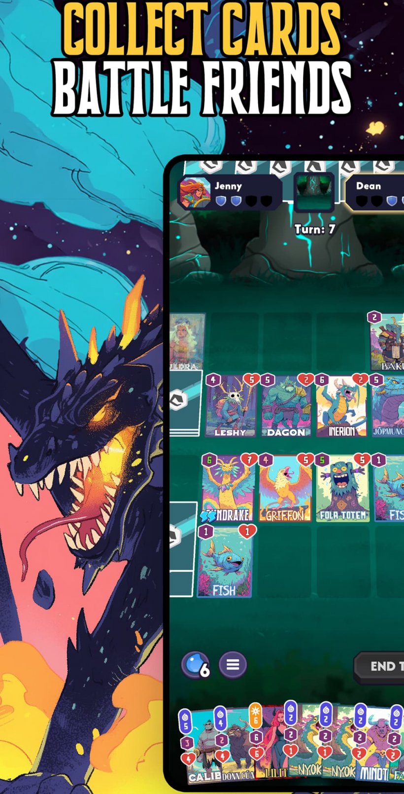 An image of a dragon next to a phone showing screenshots of card-battling action.