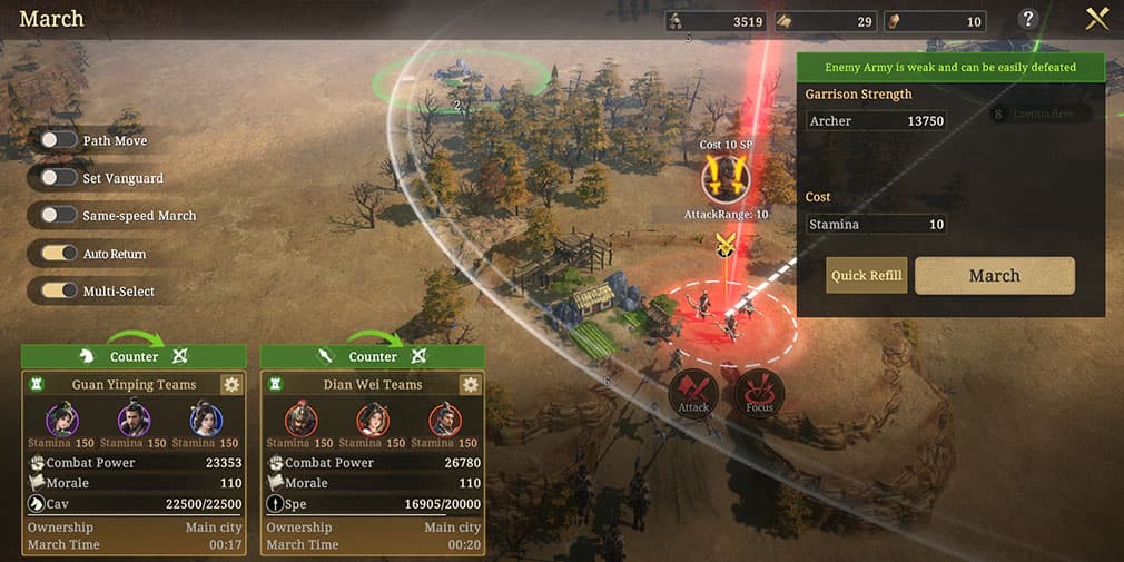 deploying countering troops to attack enemies