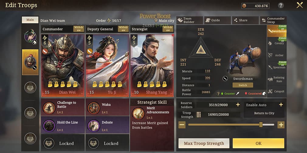 Troop with Commander, Deputy General, and Strategist roles filled