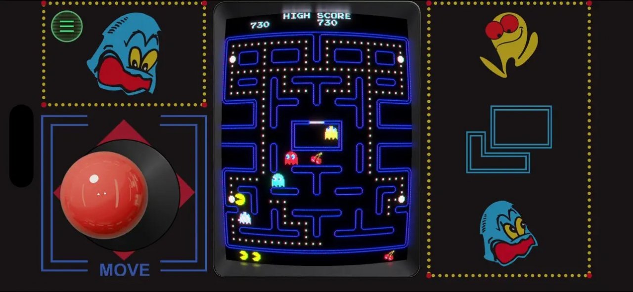 an arcade screen with pacman being played on it