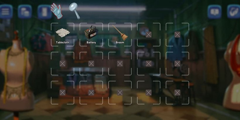 Open inventory screen with a tailor's shop in the background