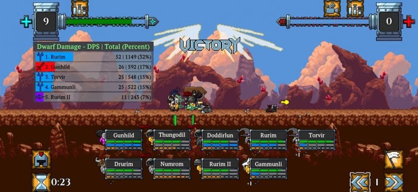 A screenshot of dwarves racing sideways across open ground in a similar manner to the first battle, only this time there are no enemies and a victory banner is displayed above htem.