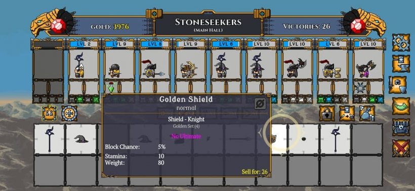 A highlighted tooltip in an ornate menu shows information about a shield on a large, fairly info-lite screen.