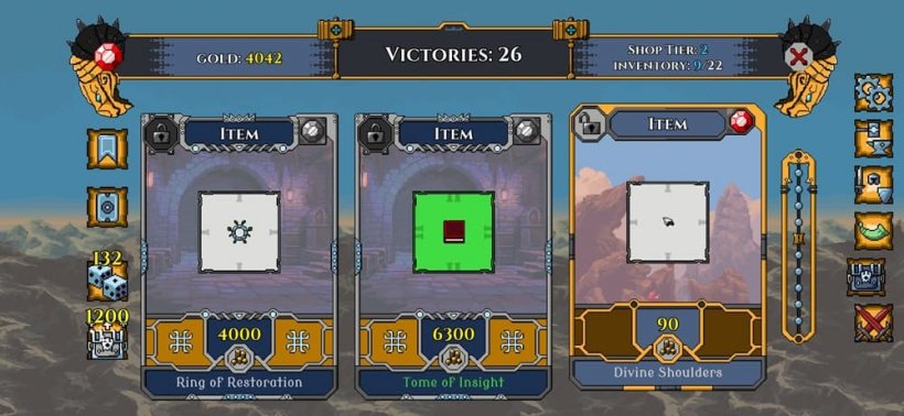A menu showing various items for sale, with a set of dice and a chest with arrows above it as options in the bottom left.