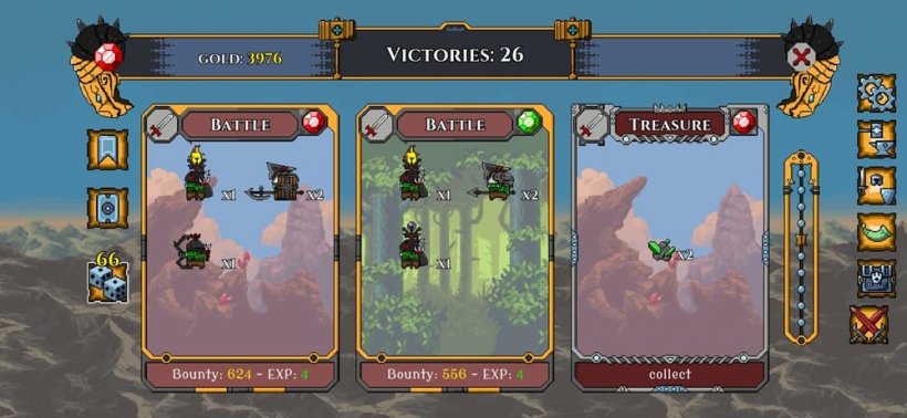 An image of a screen featuring potential battles against bands of orcs, each with different unit composition and potential rewards of gold and XP, in a retro style.