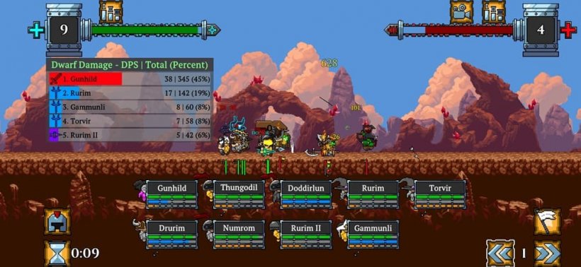 A group of pixelated dwarves race across the screen towards orcs from a side-on view, they're all dressed in various armor and carrying different equipment.