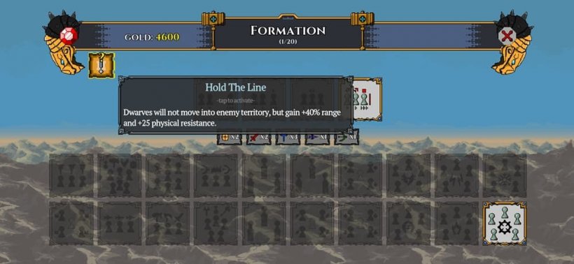 An image of an optional formation in an ornate menu screen, showing the formation soldiers will march in and bonuses they receive.