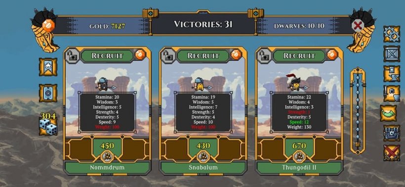 An image of recruitable Dwarves on an ornate UI, each of which are clad in basic armour and carrying a spear.