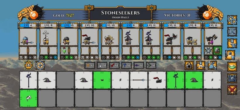 A large equipment screen showing Dwarves clad in different armour, all of which seem to modify their appearance and stats.