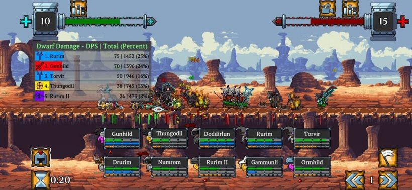 A group of Dwarves battle on a side-scrolling stage against Orcs, there are various stats located in the top and bottom of the screen.