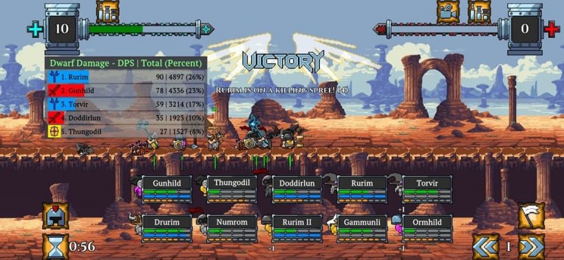 Another image of Dwarves versus Orcs battles, only this time the Orcs are all dead and a banner declaring victory is visible on the UI.