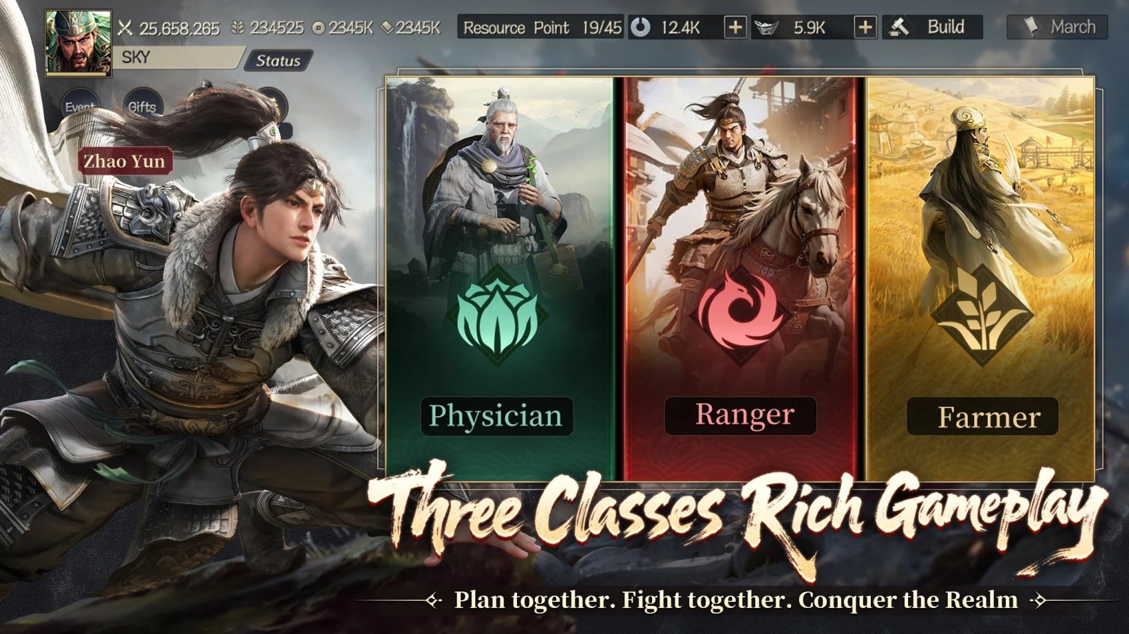 the three different classes of characters available in the Three Kingdoms: World Conquest