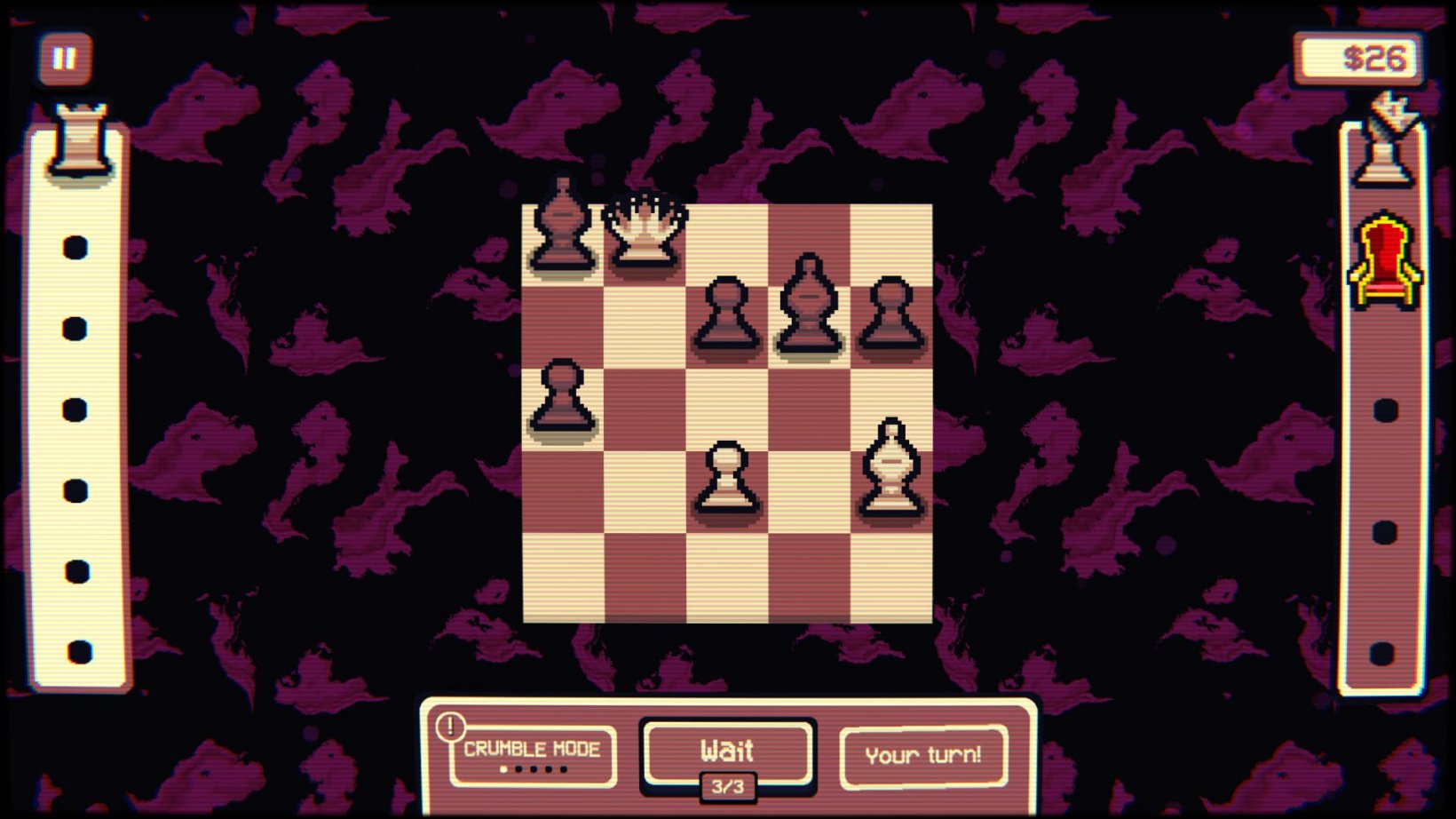 An image of a chessboard on a surreal background that is far smaller and with less pieces than usual.