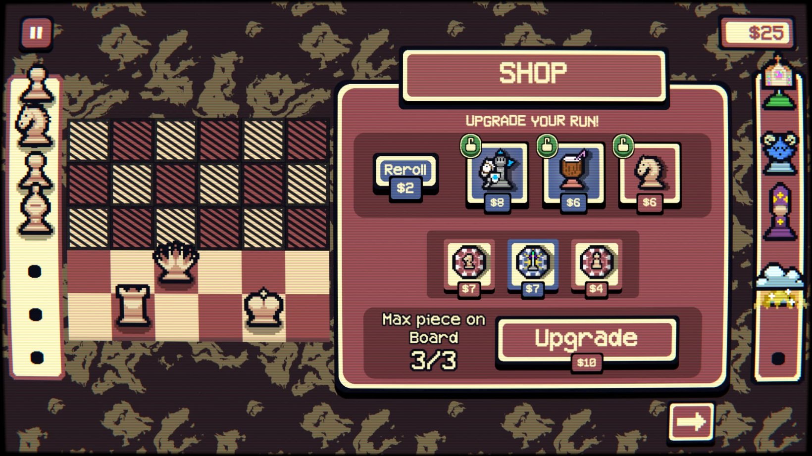 A picture of a chess board on a surreal background, with a shop screen overlaid offering new pieces to buy.