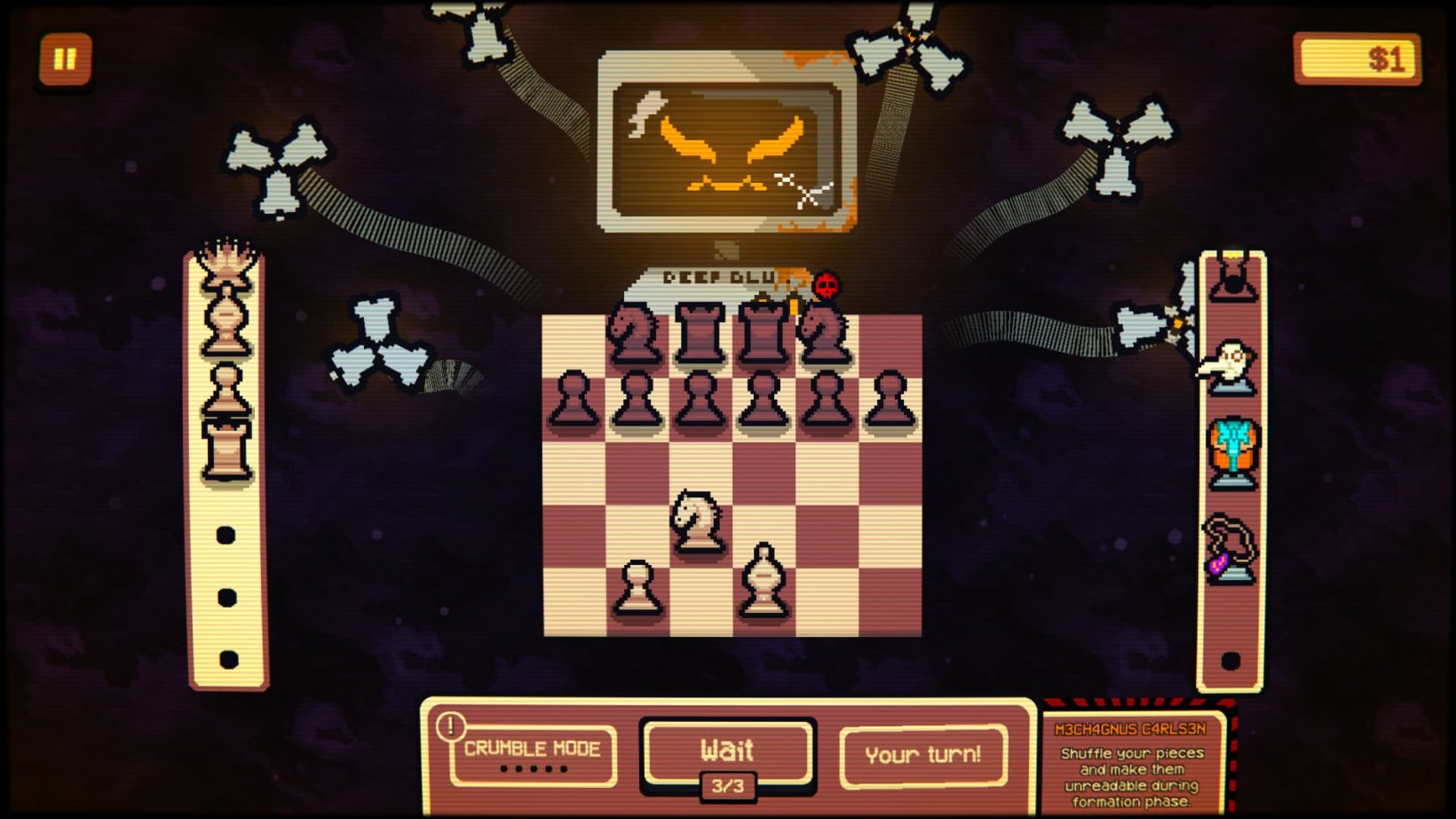 An image of a small chessboard on a surrel background with a tentacle-armed robot looming over it.