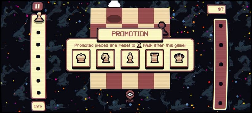 An image of 'promotion' in Gambonanza showing the different pieces available, but clarifying that the piece will revert at the end of the game.
