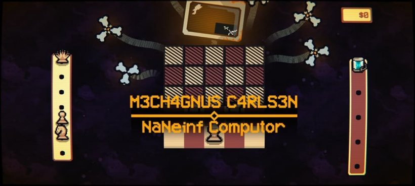 An image of gameplay in chess-themed puzzler Gambonanza where the board is being loomed over by an enormous robotic boss.