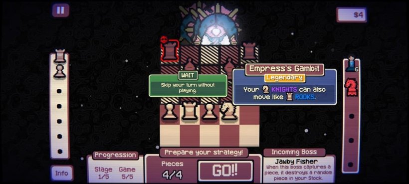 Gameplay of Gambonanza highlighting a 'Gambit' that allows Knight pieces to move in straight lines similar to Rooks.