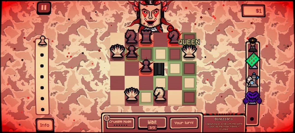 An image of a boss battle showing a masked figure looming over the board.