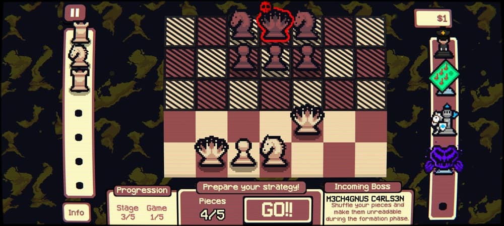 An image of a session showing a stock of pieces on the left that features two knights and other useful pieces.