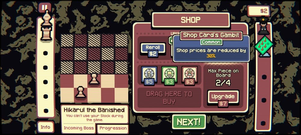 gameplay showing a Gambit that reduces shop prices by 30%.