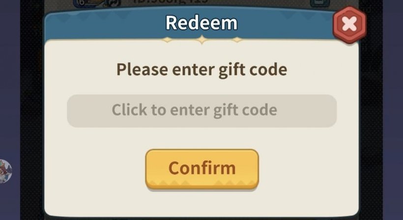 redeem screen with gift code input and confirm button.