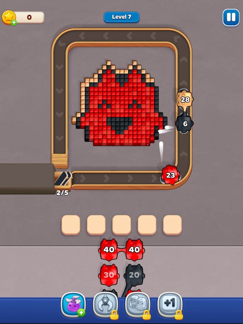 An image of block-busting gameplay that is slowly revealing a small picture of a stylised red cat.