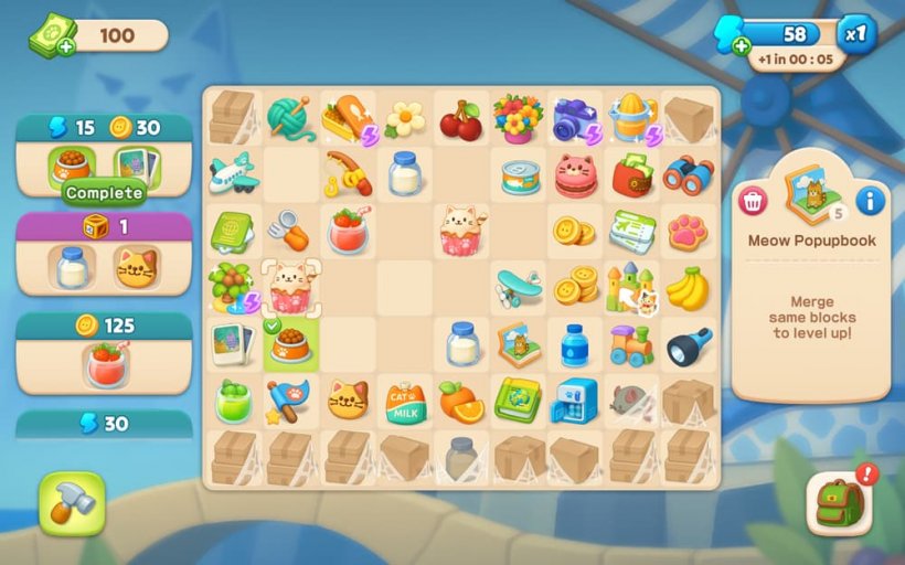 A screenshot showing a grid packed with objects such as pastries that are being merged into larger and more complex forms