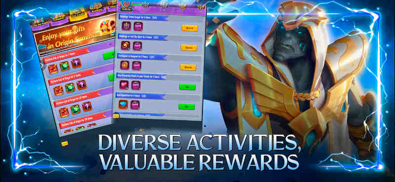 Game graphic featuring an armored hero with blue lightning and panels showing recharge rewards.