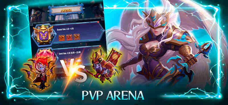Graphic featuring PvP Arena match details and three armored heroes in a dramatic blue-lit scene.
