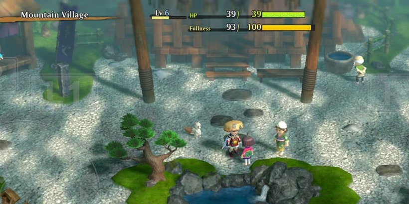 Shiren talking to a villager in a mountain town