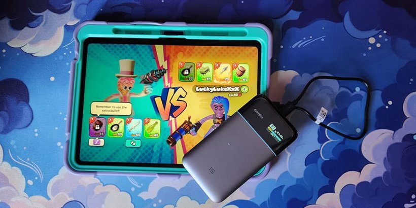 an ipad with Gunslinger 2 on screen plugged into 15 Air power bank