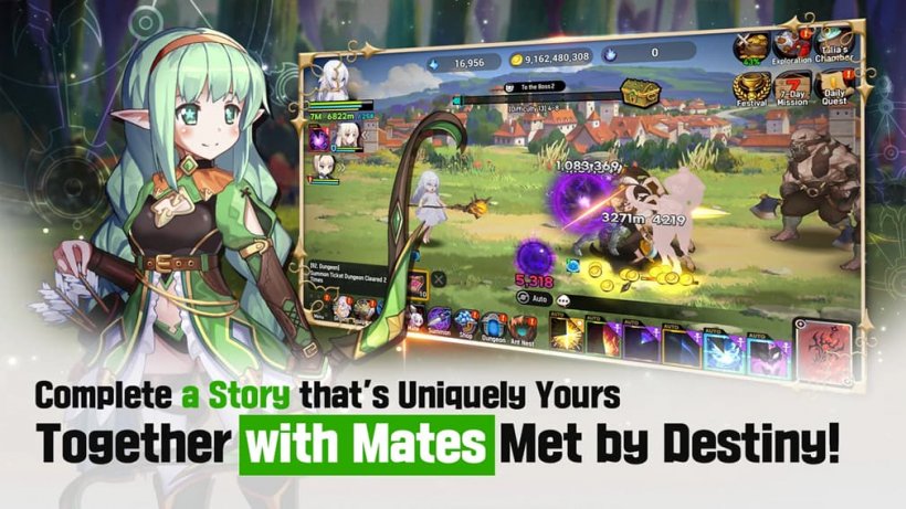 A picture of an elf girl over gameplay, she is wearing green and wielding a bow, the tagline is 'together with mates met by destiny'