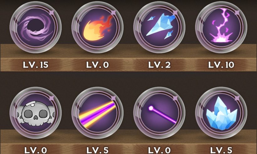 various skills in orbs lined up on shelves with their levels underneath them