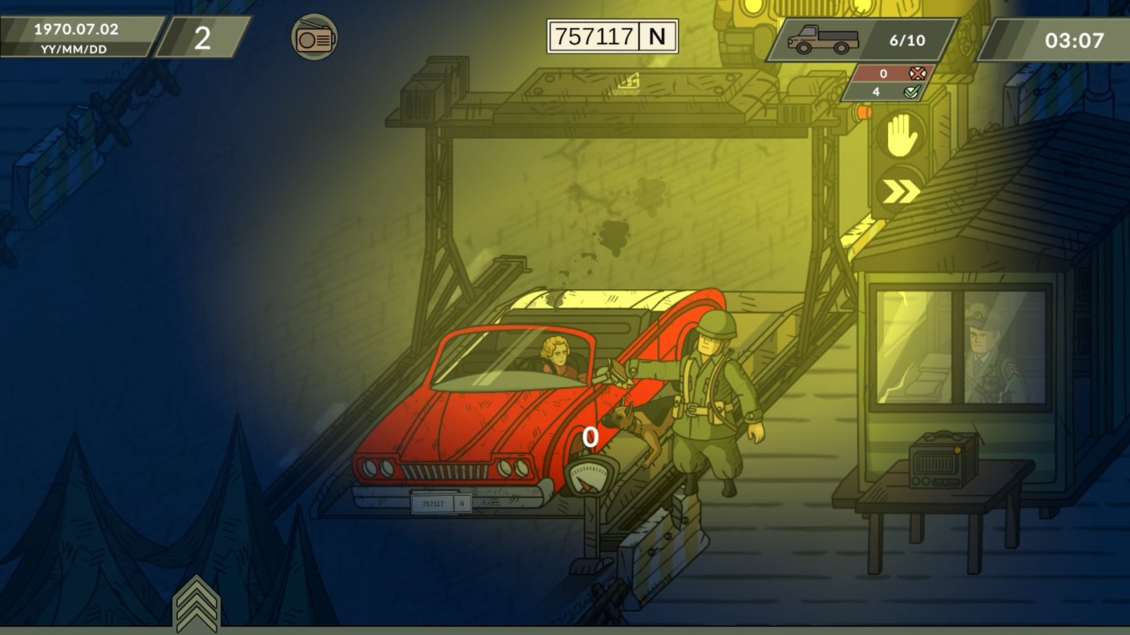 a red car and a border patrol officer with a dog checking the traveler's passport