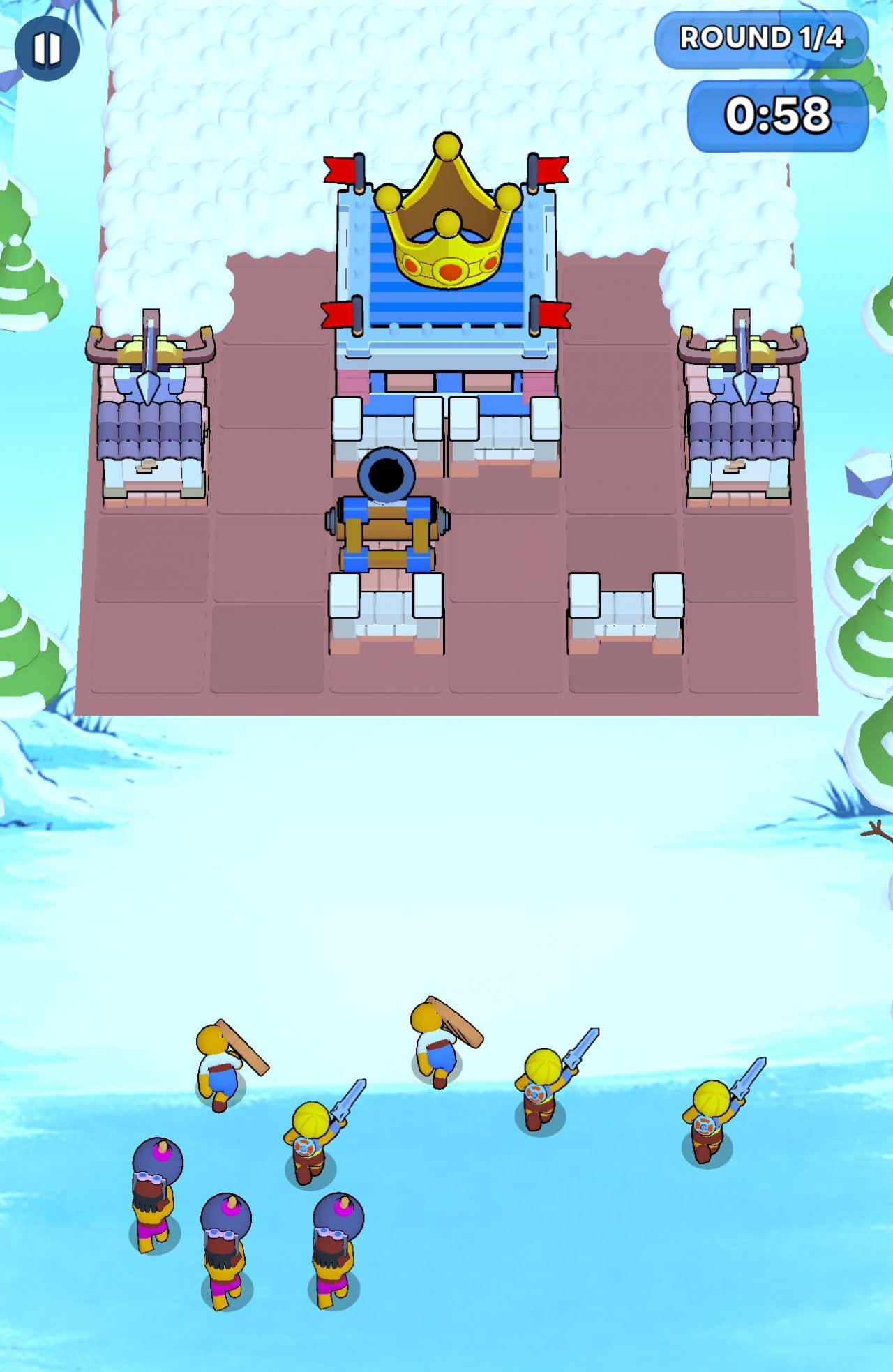 A picture of a castle with a horde of soldiers running up towards it.