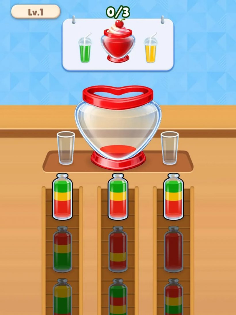 A picture of flasks being poured into a waiting bottle with multicoloured liquids.