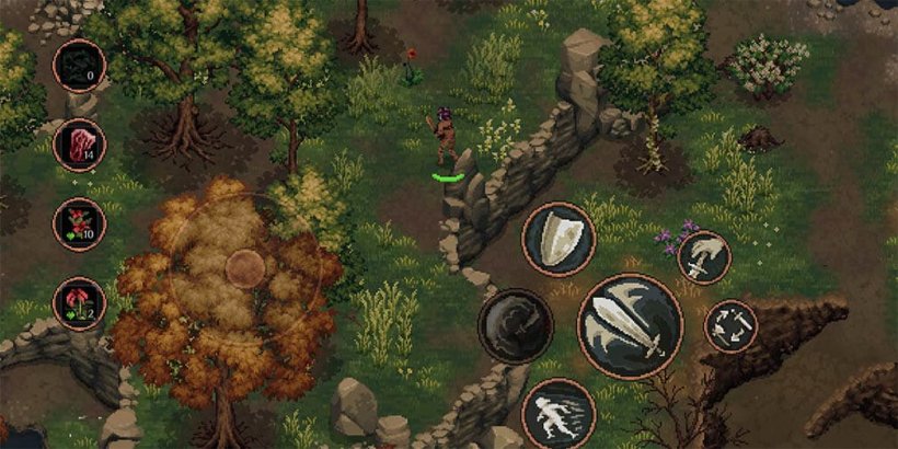 Purple haired player character exploring the woods with sword in hand