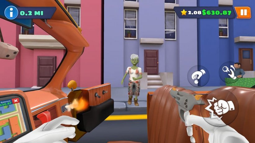 A picture from the perspective of someone sat in a driver's seat looking out the passenger side as a zombie approaches, about to shoot at them