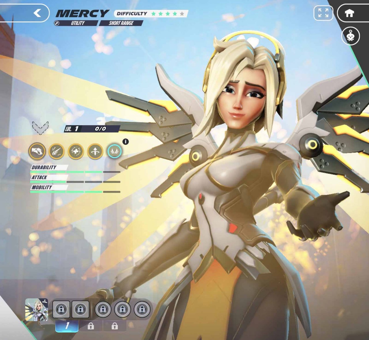 a female character with metal wings and a halo extending her hand to the screen
