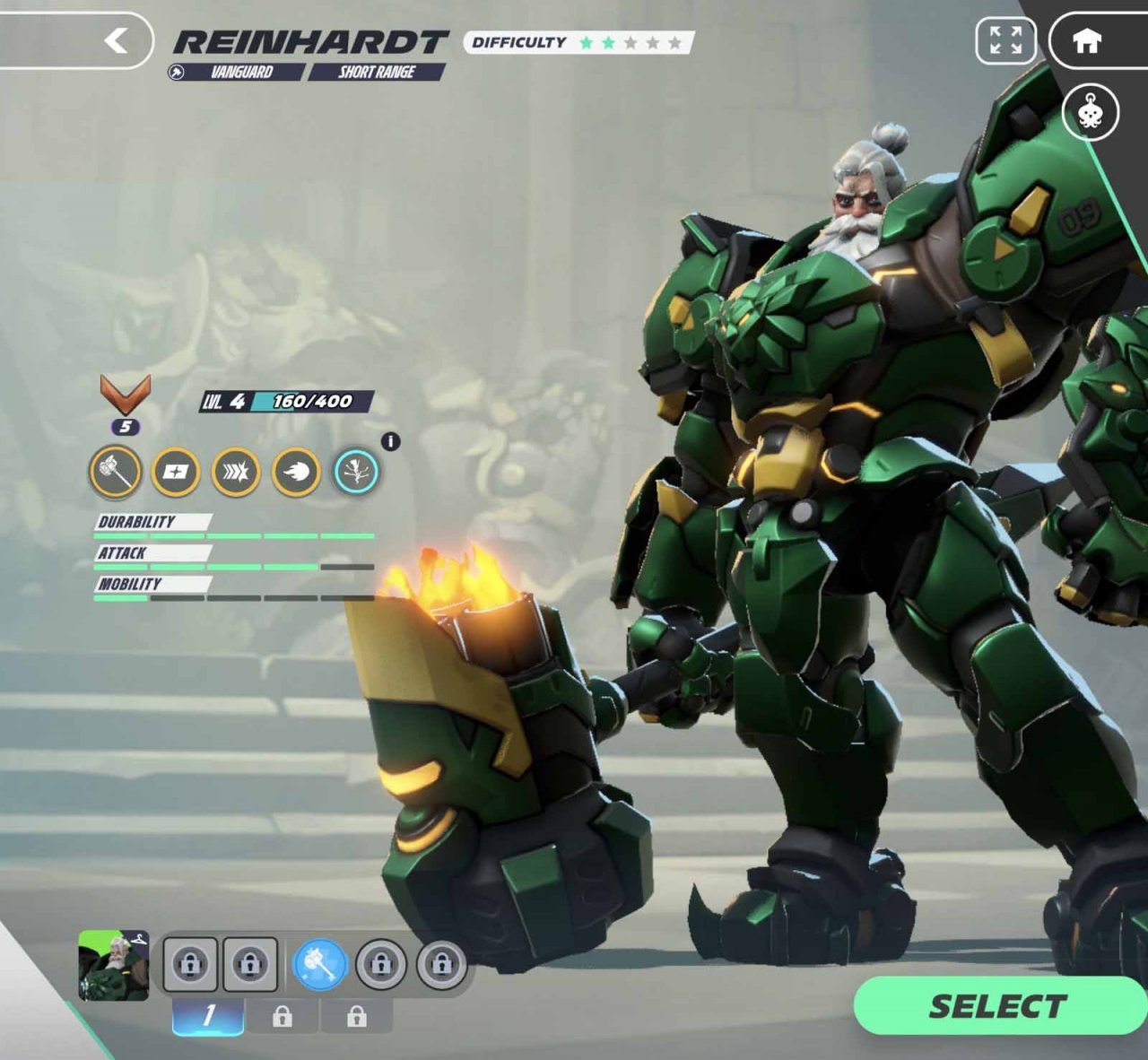 a bulky hero in green armour with a huge flaming hammer