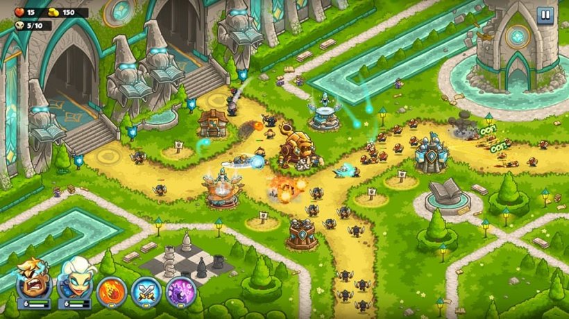 A battle takes place outside a large castle with statues that look like gnomes.