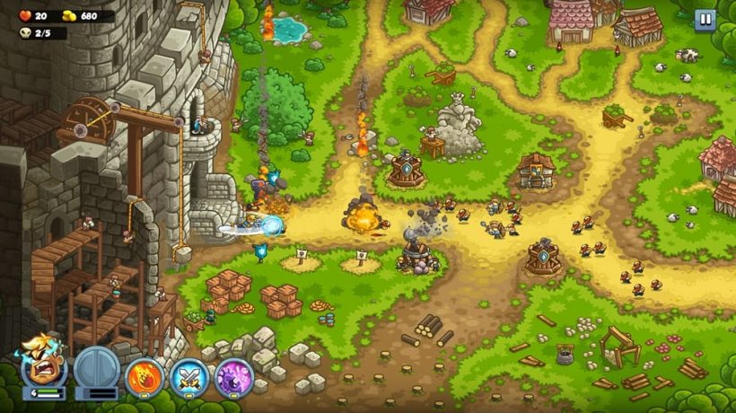 An overview of an ongoing battle in a cartoon art style, a large tower looms over the battlefield to the left.