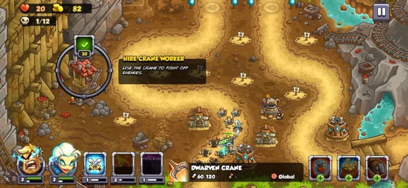 An image of a large quarry filled with towers. A dam or wall of wood has been broken, offering a new avenue for enemies to attack along.