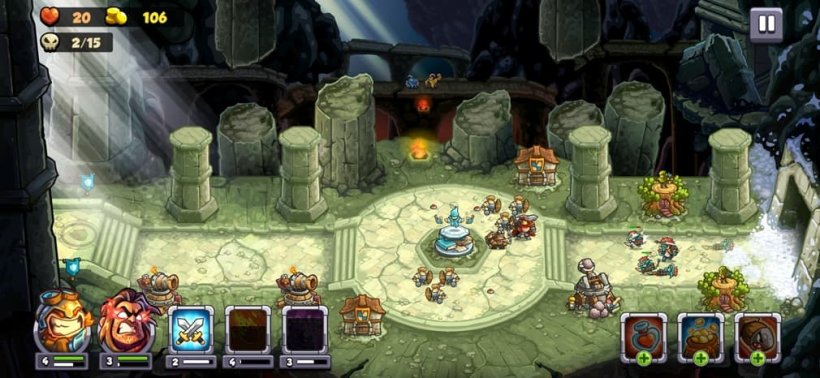 An image of a battle taking place in a multi-laned field within a large cavern, with trolls attacking medieval infantry.