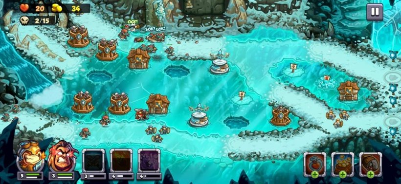 An image of an icy cavern showing forward infantry as trolls attack along the glacier