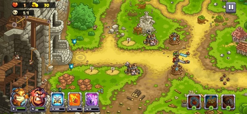 An image of a battle outside a castle, with two heroes consisting of a grim knight and boisterous dwarf, stood amongst or outside of a group of soldiers fending off bandits.