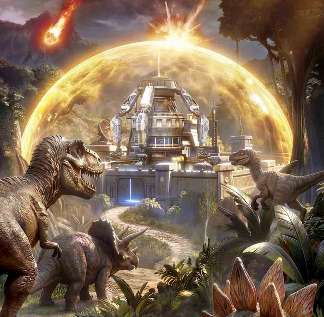 An image of dinosaurs heading towards a large golden dome in a cataclysmic primordial landscape.